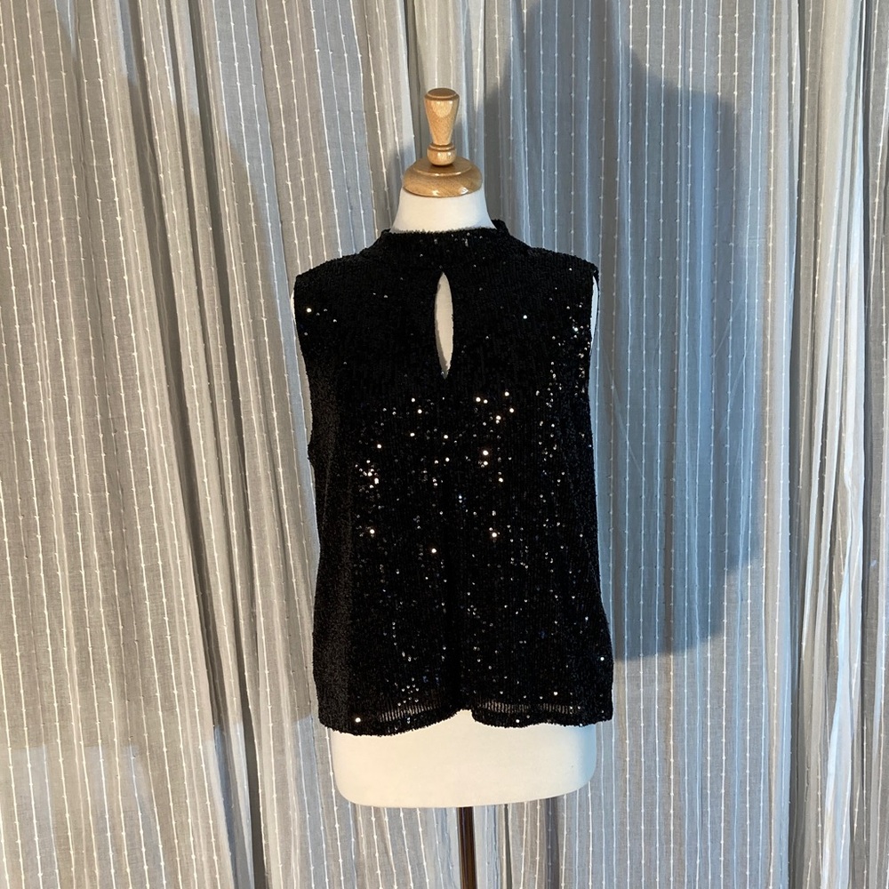 Calvin Klein Black Sequin Mock Turtleneck Top with Cutout Detail
